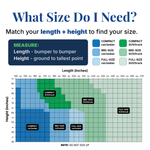 HailProtector vehicle size chart showing six sizes for cars, sedans, trucks, vans, and SUVs
