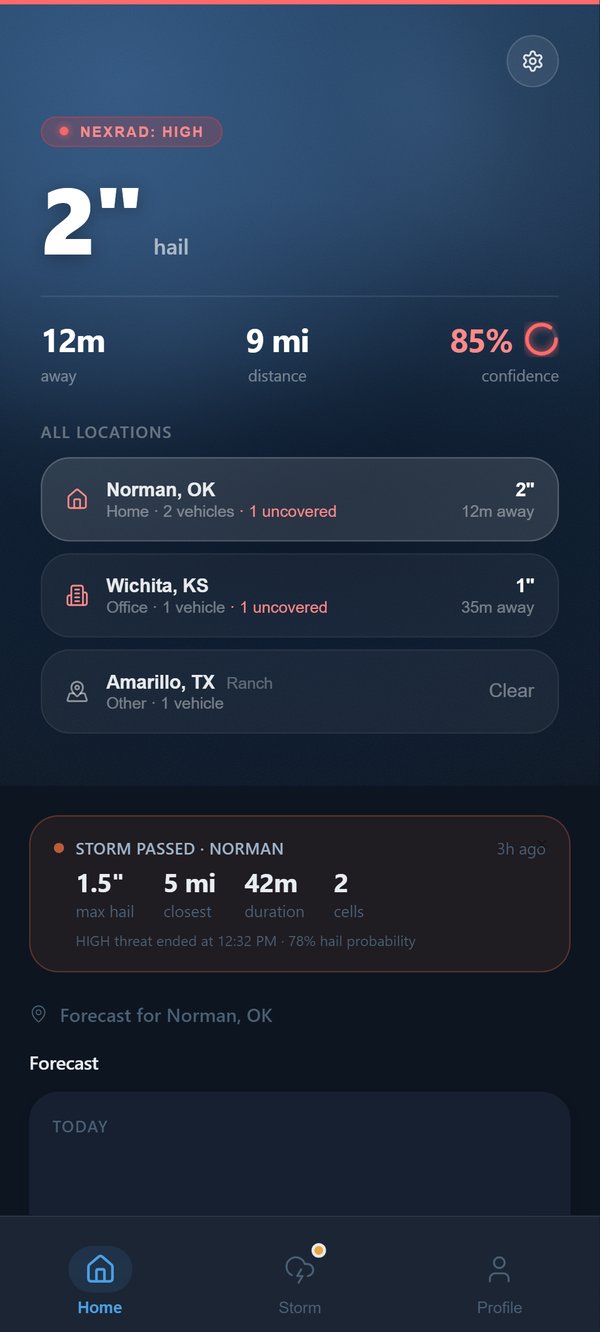 Hail Protector app: 2-inch hail threat 12 minutes away, live vehicle coverage status.